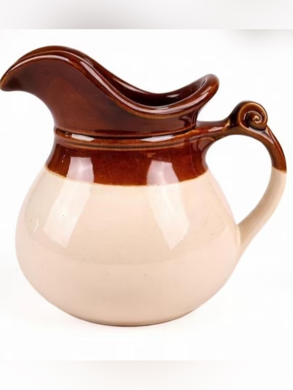 Mccoy Brown and Cream Glazed Pitcher with Scroll Handle